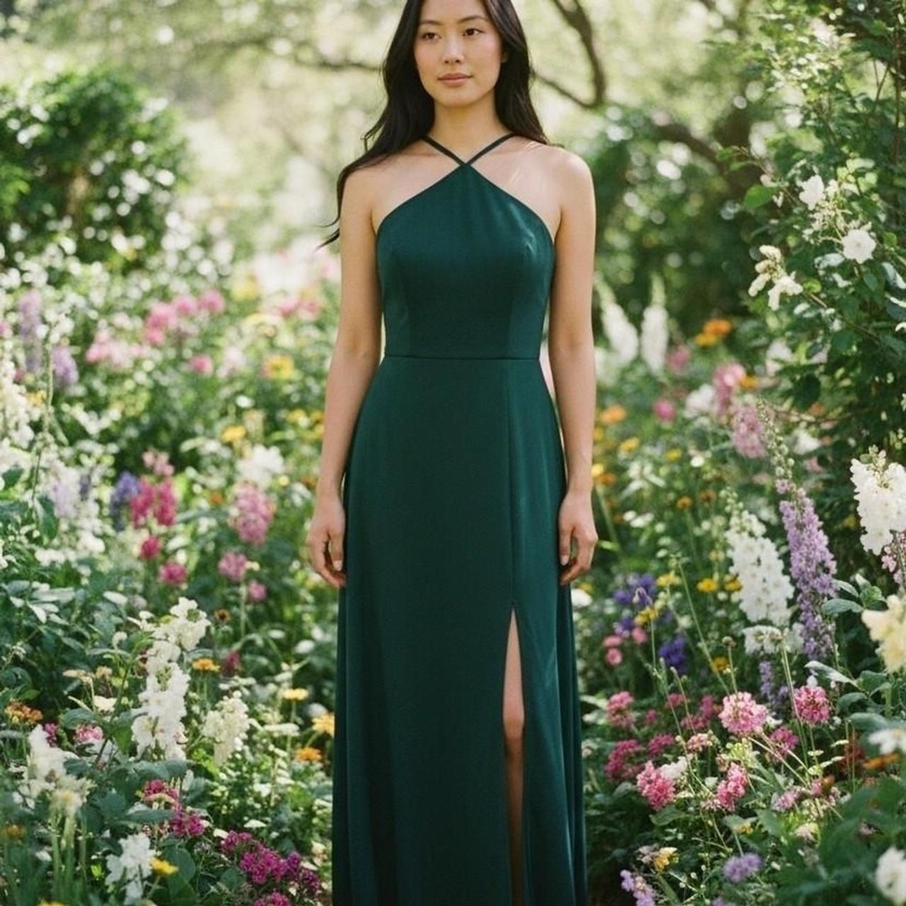 Birdie Grey Emerald Green Halter Dress Whimsigoth Formal Maxi Thigh Slit XS EUC